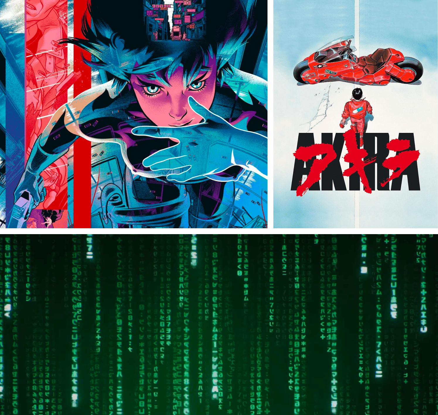 A scene from Ghost in the Shell (1995) with the Major cloaking with thermoptic camouflage; the poster for Akira; The Matrix's digital rain effect but with rune language from god of war